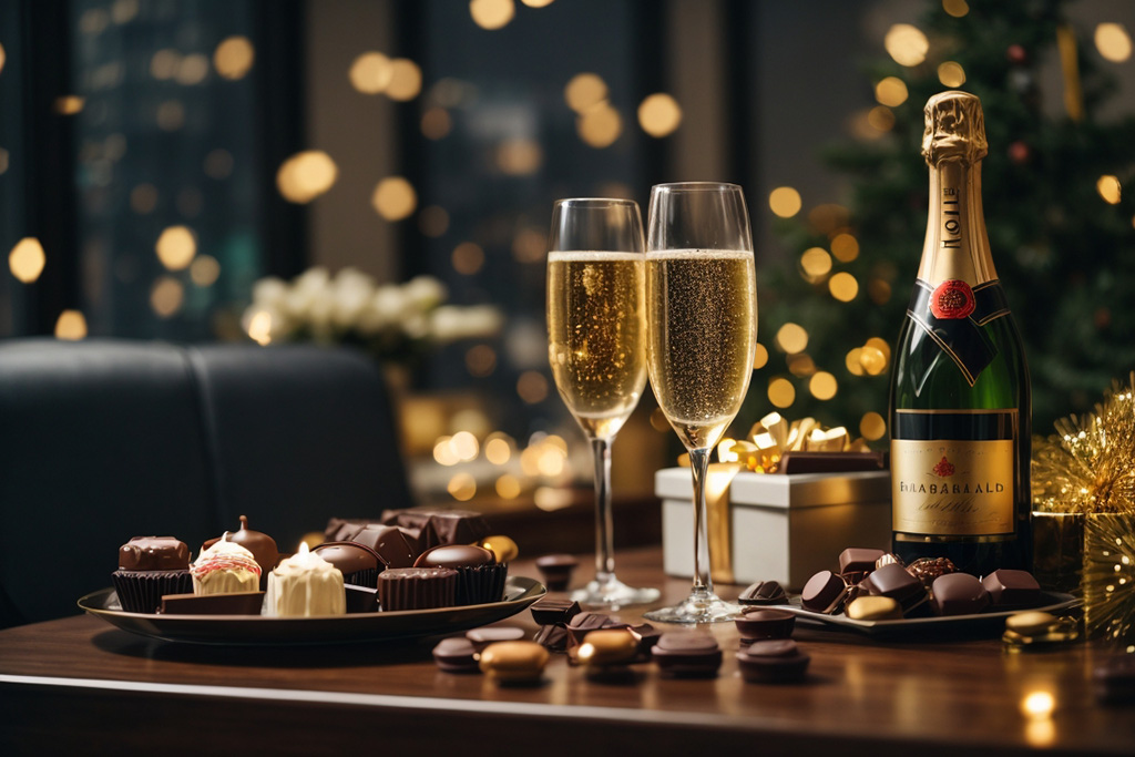 Картичка за Нова година с шампанско и бонбони